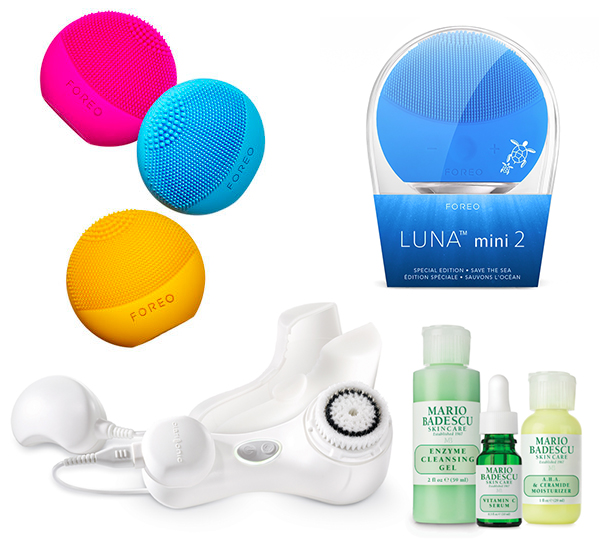 Foreo’s Luna Play, Foreo’s Save the Sea Luna Mini 2, and Clarisonic’s Mia 2 kit with Mario Badescu products