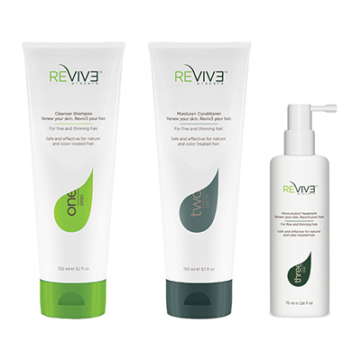 Prep Cleanser Shampoo, Prime Moisture + Conditioner, and Treat Micro Activ3 Treatment Spray by Reviv3 Procare