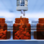 Automated pharmaceutical production line filling capsule bottles in a modern manufacturing facility, illustrating oral solid dosage form manufacturing and excipient demand in Canada.