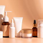 Unbranded cosmetic products displayed on an orange background