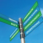 Directional sign directing to trends. buzz, questions, feedback, opportunities