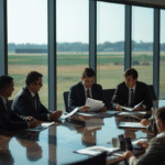Professional business meeting in a modern conference room with large floor-to-ceiling windows overlooking real agricultural fields in the background. Senior executives in business attire reviewing printed reports at a table. Natural dayligh