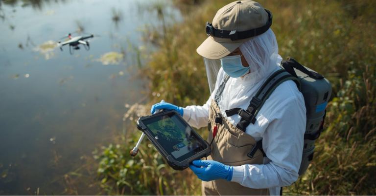 U.S. public health article about mosquito abatement and larval surveillance. Show a mosquito control technician in PPE standing at the edge of a marsh/wetland, performing larval monitoring with a dipper and sample tray while referencing a rugged tablet with a GIS map interface.