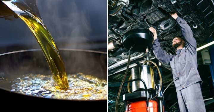 Examples of used oil - oil in a frying pan and motor oil being drained from a car.