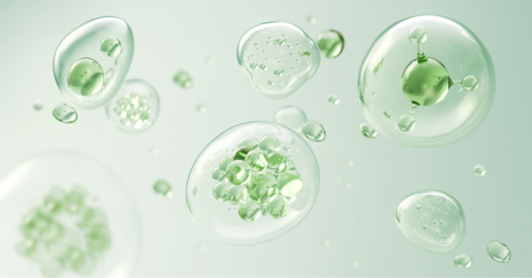 Abstract cosmetic serum and molecule visual representing bio-delivery systems that help active ingredients remain stable, reach target areas, and support performance in personal care formulations.