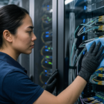 Technician using a lint-free wipe to clean server equipment in a data center