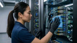 Technician using a lint-free wipe to clean server equipment in a data center