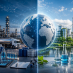 Split-screen comparison of the European and U.S. HI&I surfactant industry featuring a central globe, sustainable chemical manufacturing in Europe, and industrial supply-chain infrastructure in the United States.