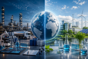 Split-screen comparison of the European and U.S. HI&I surfactant industry featuring a central globe, sustainable chemical manufacturing in Europe, and industrial supply-chain infrastructure in the United States.