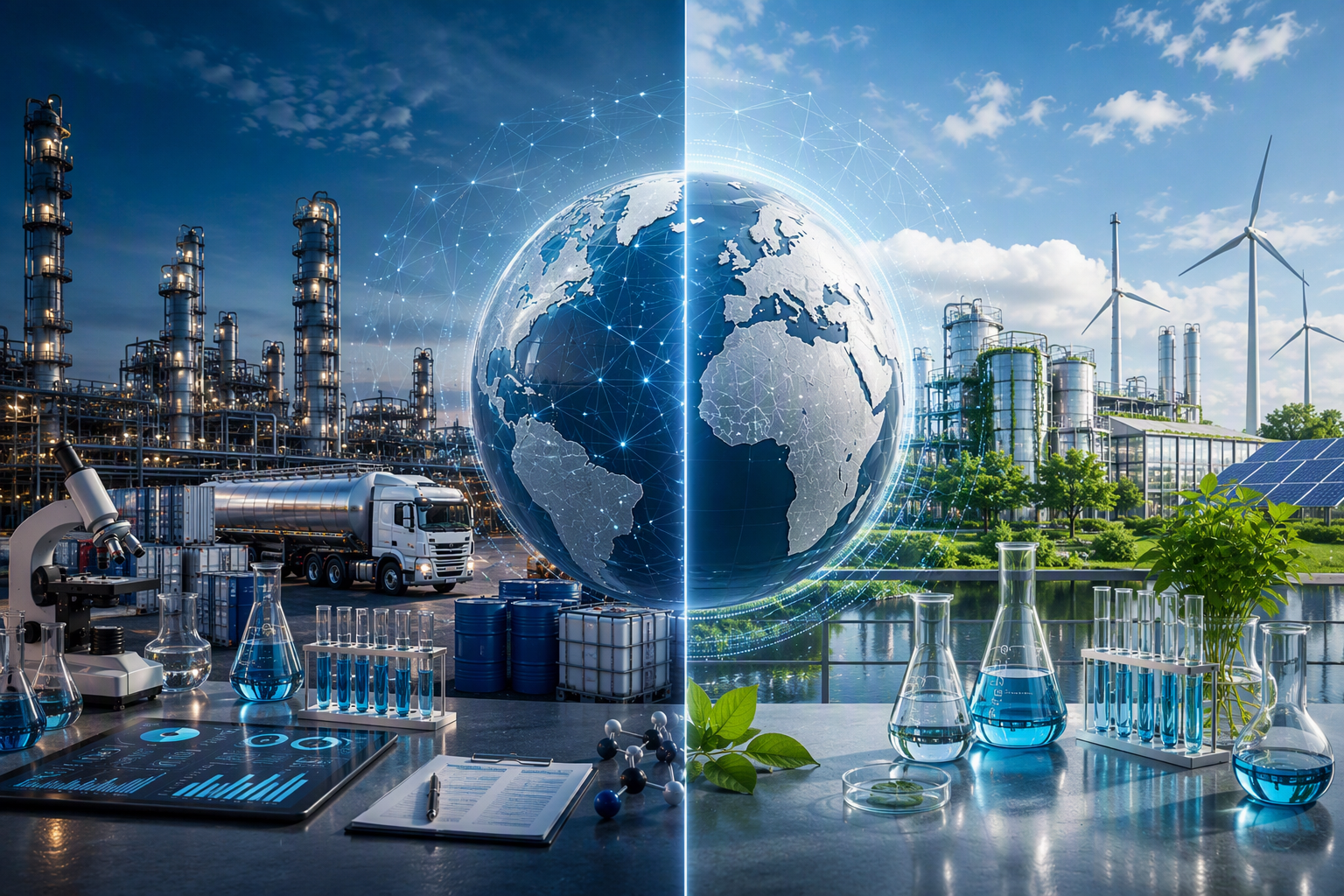 Split-screen comparison of the European and U.S. HI&I surfactant industry featuring a central globe, sustainable chemical manufacturing in Europe, and industrial supply-chain infrastructure in the United States.