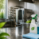 Commercial kitchen with sustainable cleaning products, dilution dispensing system, microfiber cloth, and greenery representing foodservice cleaning sustainability trends