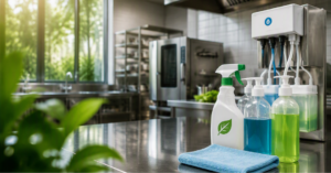 Commercial kitchen with sustainable cleaning products, dilution dispensing system, microfiber cloth, and greenery representing foodservice cleaning sustainability trends
