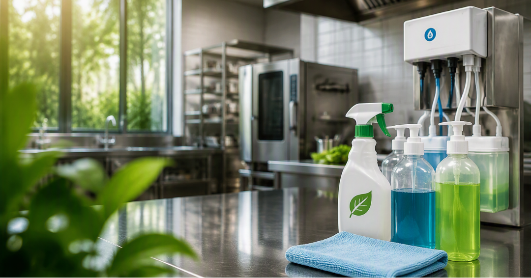 Commercial kitchen with sustainable cleaning products, dilution dispensing system, microfiber cloth, and greenery representing foodservice cleaning sustainability trends