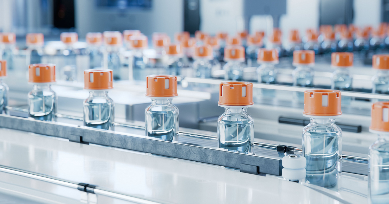 Pharmaceutical injectable vials on a production line