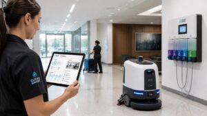 Professional cleaning equipment and smart systems representing janitorial cleaning trends shaping 2026