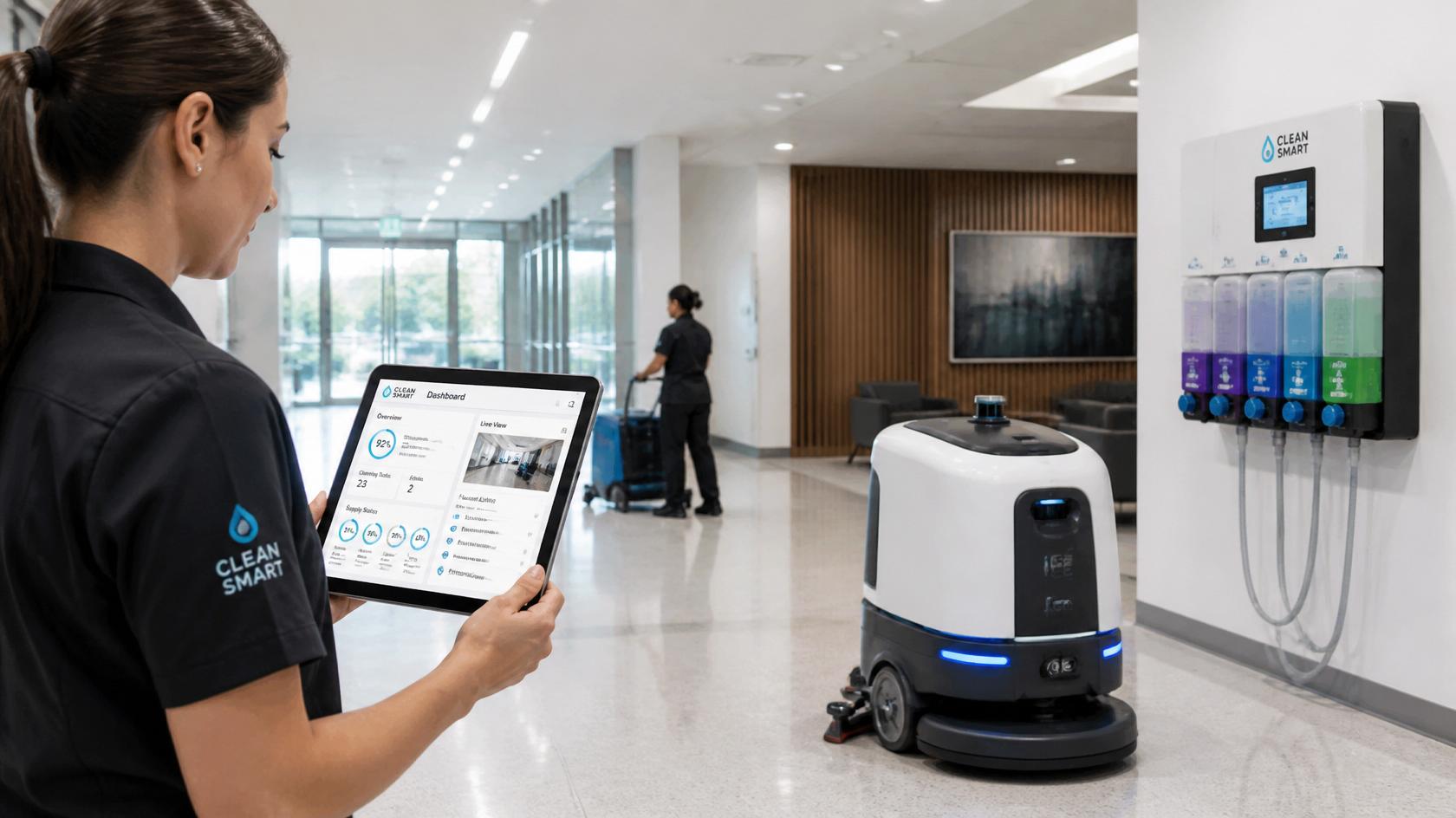 Professional cleaning equipment and smart systems representing janitorial cleaning trends shaping 2026