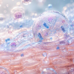 Abstract beauty science visual showing a soft skin-like surface with translucent bubbles, microbiome-inspired particles, and layered gel textures, representing microbiome-friendly personal care formulations, skin barrier balance, and delivery systems.