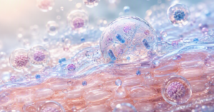 Abstract beauty science visual showing a soft skin-like surface with translucent bubbles, microbiome-inspired particles, and layered gel textures, representing microbiome-friendly personal care formulations, skin barrier balance, and delivery systems.