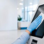 Disposable cleaning wipe being used to disinfect a high-touch surface