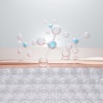 3D molecular structure interacting with skin surface, representing scientific skincare technology, active ingredient delivery, and advanced cosmetic treatment. Source: Shutterstock