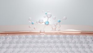 3D molecular structure interacting with skin surface, representing scientific skincare technology, active ingredient delivery, and advanced cosmetic treatment. Source: Shutterstock